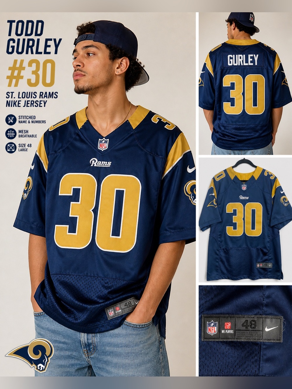 Nike NFL St. Louis Rams Todd Gurley #30 Jersey Blue Gold Size 48 Large